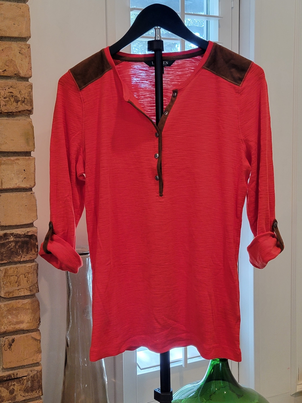 Ralph Lauren Coral Red Long Sleeve Henley with Brown Trim